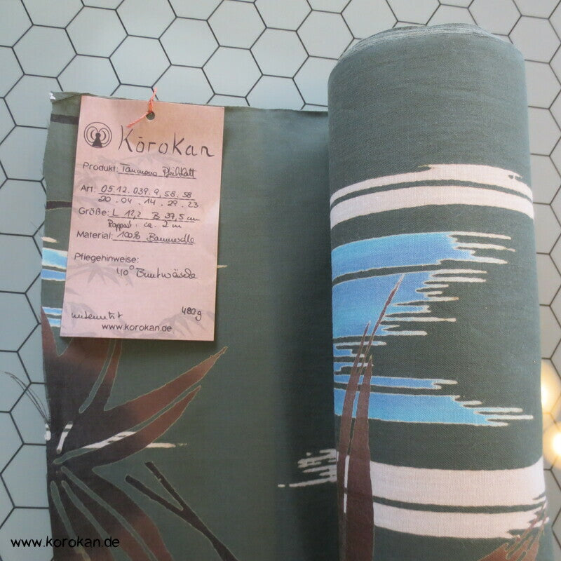 braune Blätter auf grün und hellblau Yukata Kimono Baumwoll Stoff