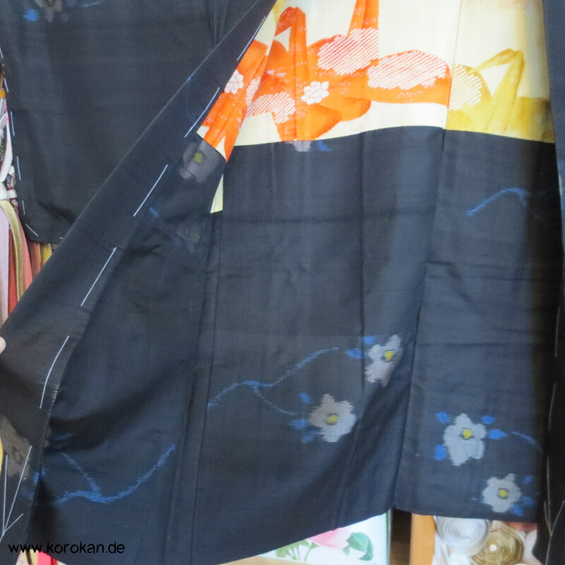 Japan Art Deco Kamelien auf schwarz Meisen Seiden Haori Kimono Jacke