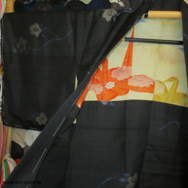 Japan Art Deco Kamelien auf schwarz Meisen Seiden Haori Kimono Jacke