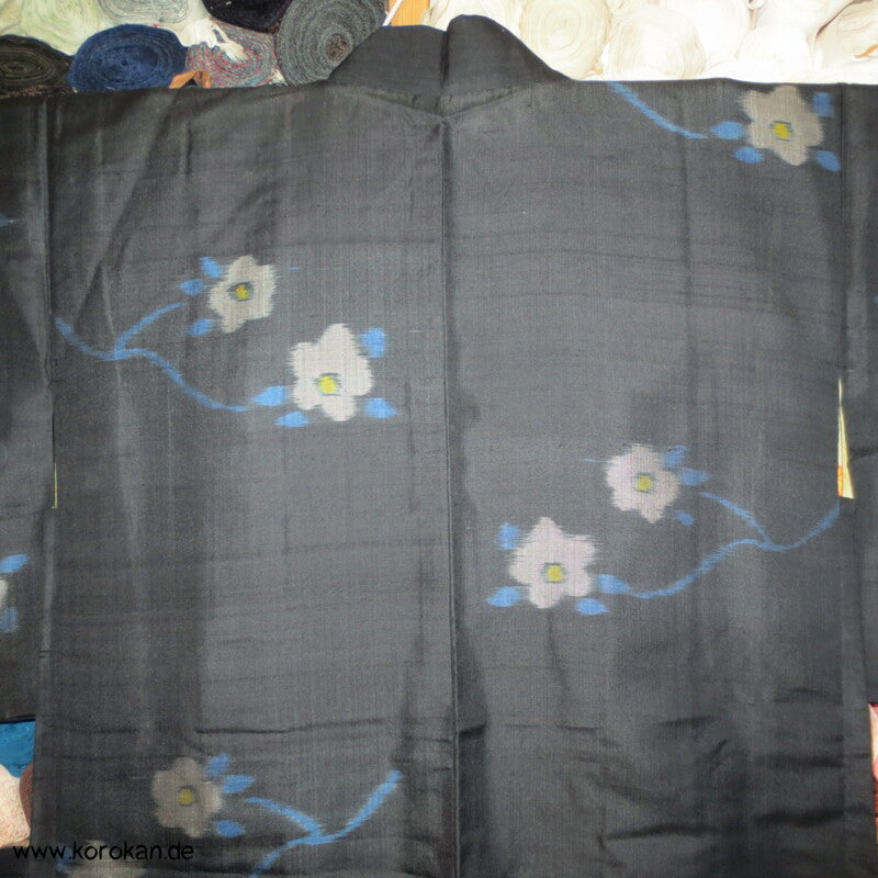 Japan Art Deco Kamelien auf schwarz Meisen Seiden Haori Kimono Jacke