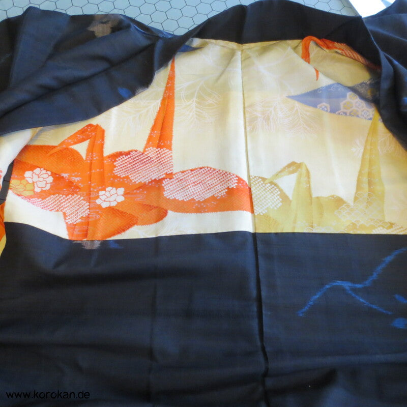 Japan Art Deco Kamelien auf schwarz Meisen Seiden Haori Kimono Jacke