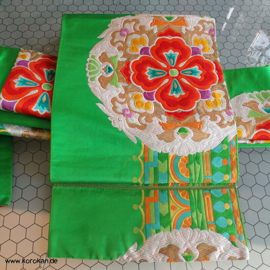 Fukuro Obi Seidenbrokat Spiegel bunt in grün