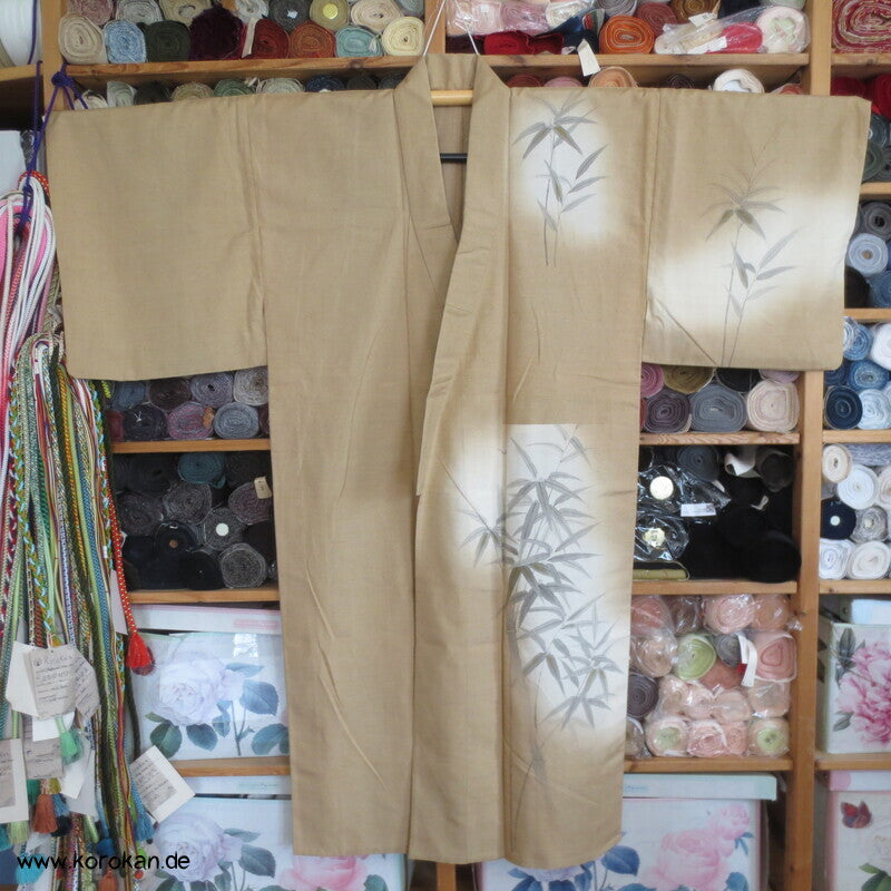 Hitoe ungefütterter Tsumugi Seiden Kimono Morgenmantel, Bambusmuster