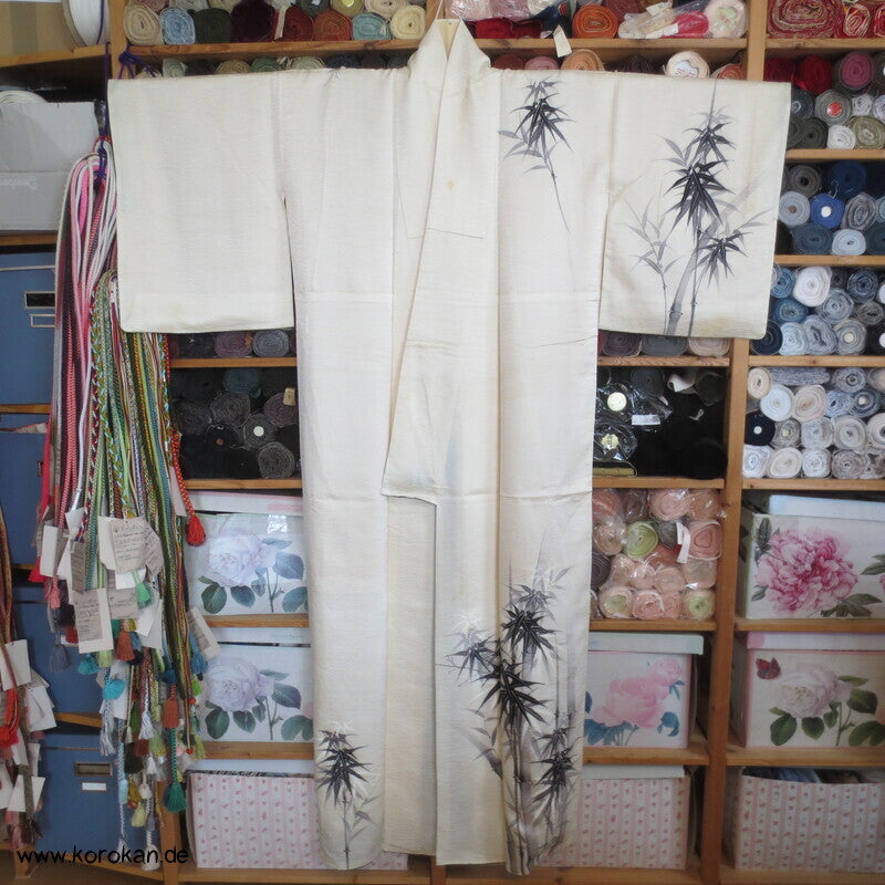 handgemalter Bambus auf Seidendamast Tsukesage Kimono