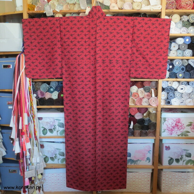 Tsumugi Seiden Komon Kimono Bambusdruck auf rot