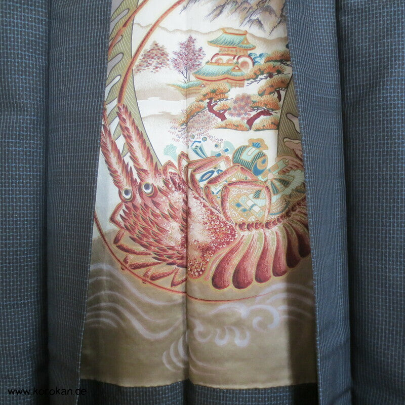 Fuji San, Ebikrabben Futter - Tsumugi Seiden Haori Kimono Jacke