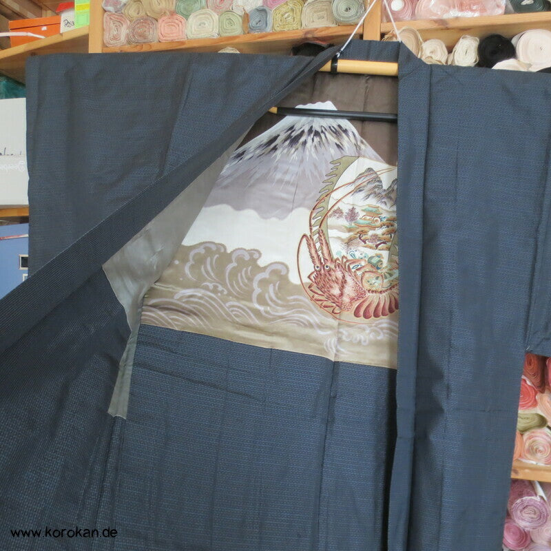 Fuji San, Ebikrabben Futter - Tsumugi Seiden Haori Kimono Jacke