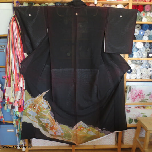 Tomesode Kimono Rho Seide Fasane auf Fächern