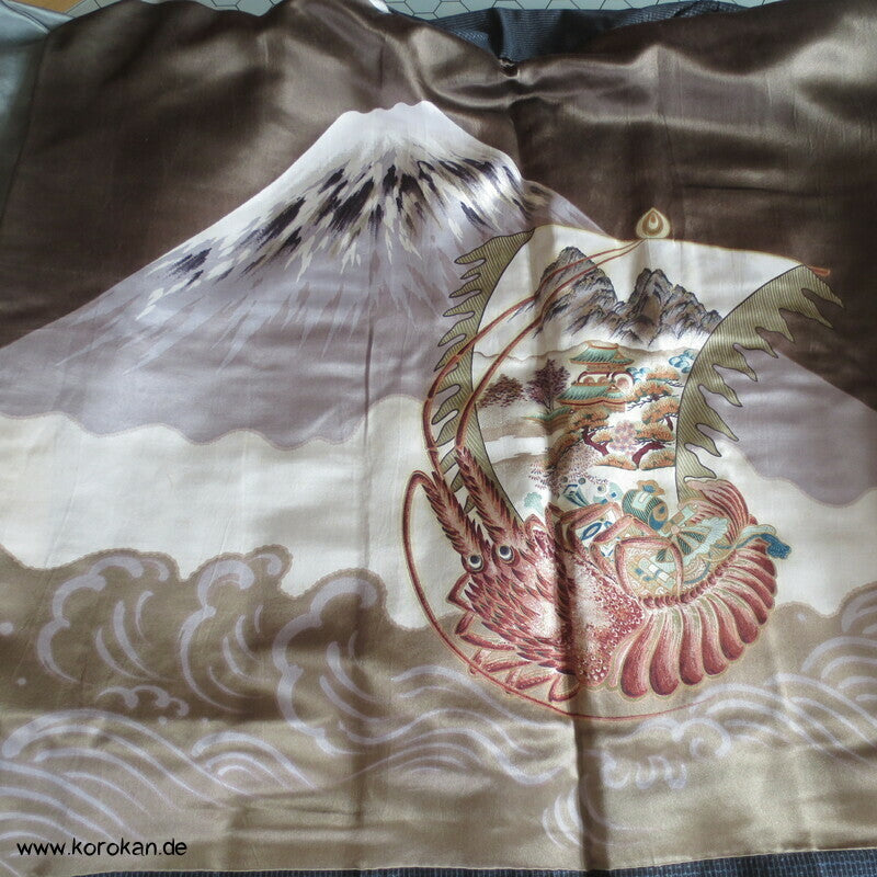 Fuji San, Ebikrabben Futter - Tsumugi Seiden Haori Kimono Jacke