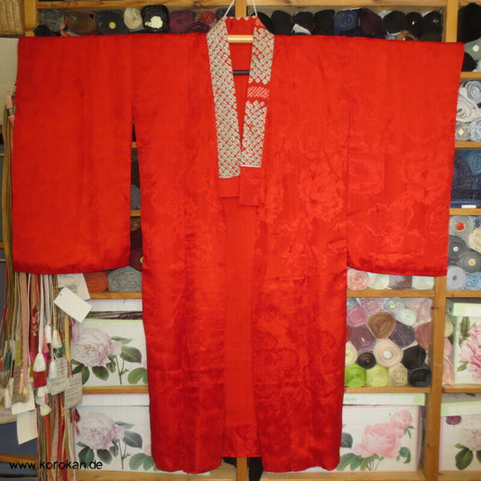 rote dünne Rinzu Damast Seide Juban Unterkimono, Shibori Kragen