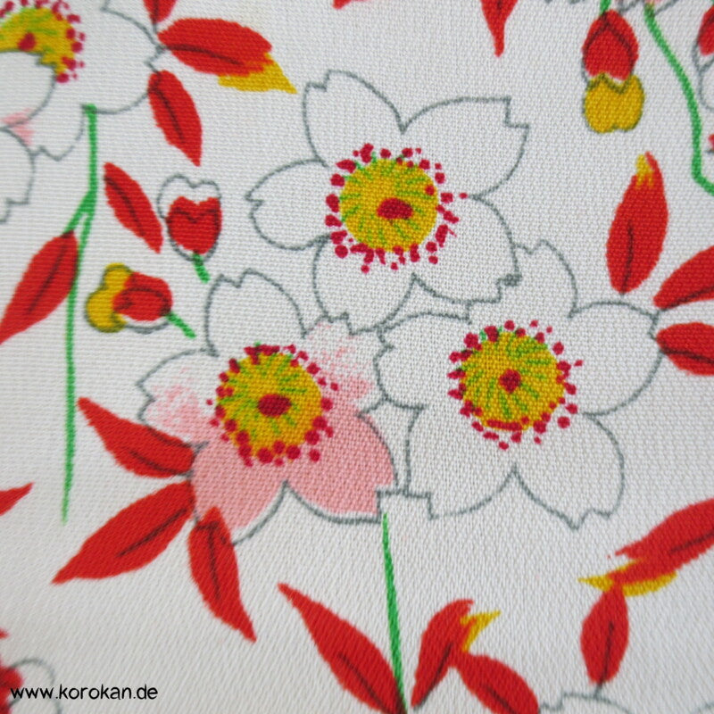 Stoffrest Blumen rot auf weiß - Viscose Kunstseiden Kimono Crepe