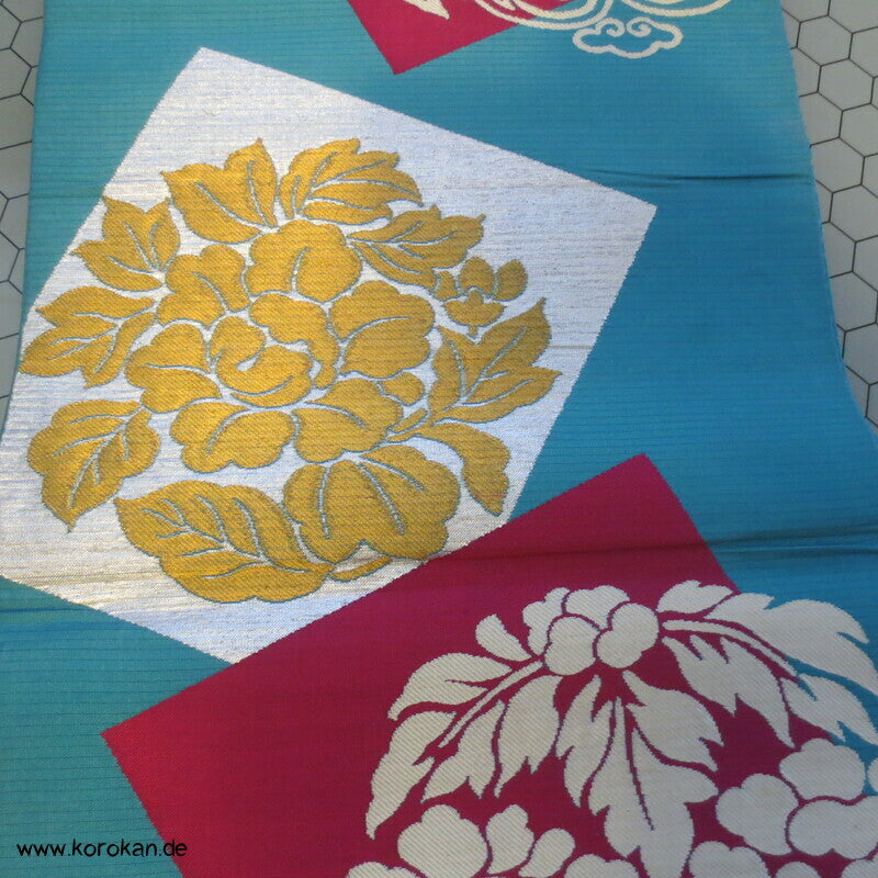 Kusudama, sehr alter Seidenbrokat Fukuro Obi, türkis silber gold pink
