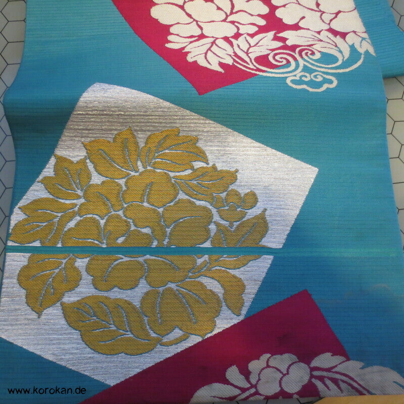 Kusudama, sehr alter Seidenbrokat Fukuro Obi, türkis silber gold pink