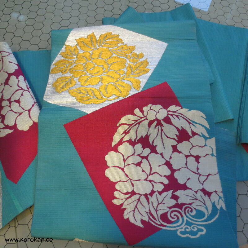 Kusudama, sehr alter Seidenbrokat Fukuro Obi, türkis silber gold pink