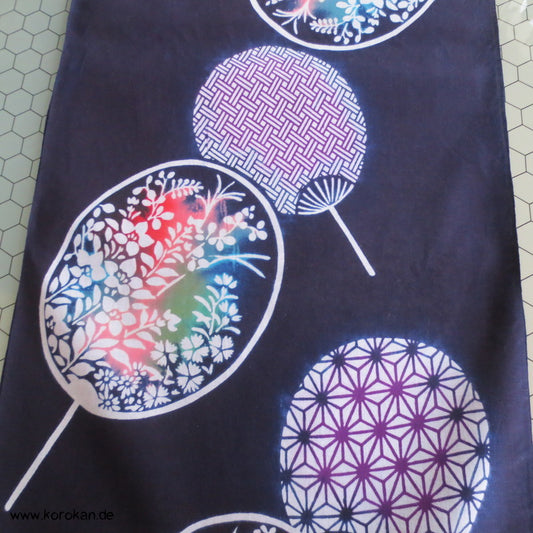 runde bunte Fächer auf dunkelblau Yukata Kimono Baumwoll Stoff