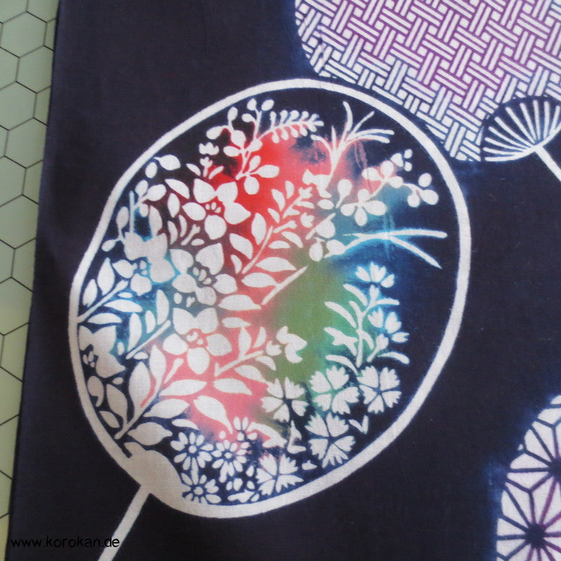 runde bunte Fächer auf dunkelblau Yukata Kimono Baumwoll Stoff