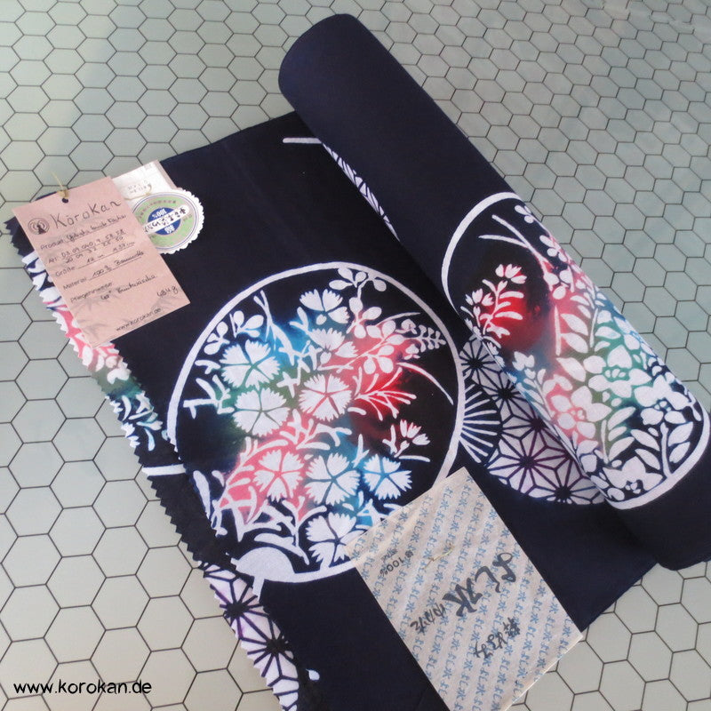 runde bunte Fächer auf dunkelblau Yukata Kimono Baumwoll Stoff