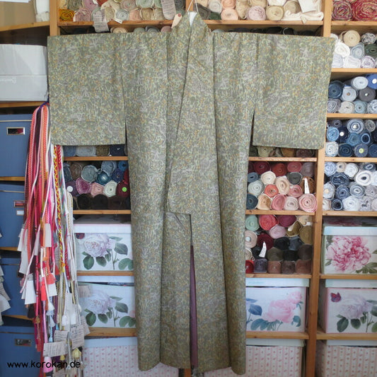 Tsumugi Seiden Kasuri Blätter, Bäume, Waldhäuser Kimono
