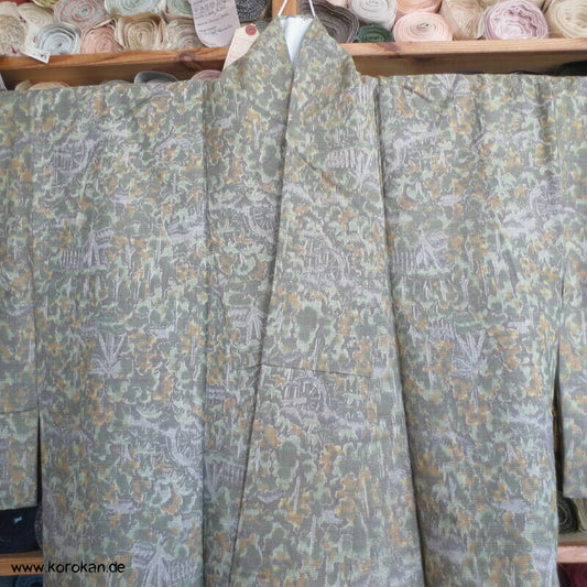 Tsumugi Seiden Kasuri Blätter, Bäume, Waldhäuser Kimono