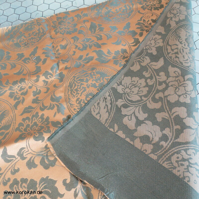 Phönix Drachenrondelle in messing auf moosgrün japanischer Seidenjacquard