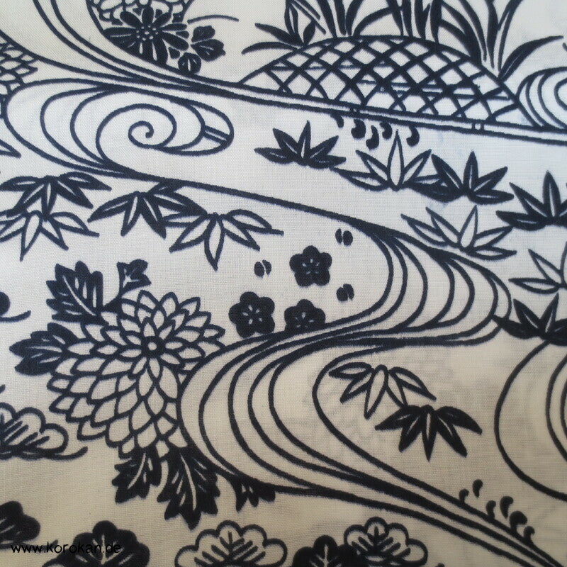 Fluss, Bambusgitter, Iris Yukata Kimono Baumwoll Stoff