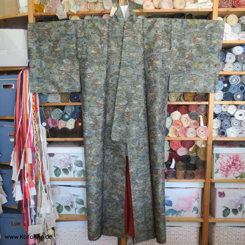 Tsumugi Seiden Kasuri Blätter, Bäume Kimono