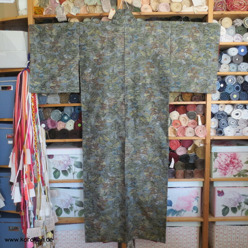 Tsumugi Seiden Kasuri Blätter, Bäume Kimono