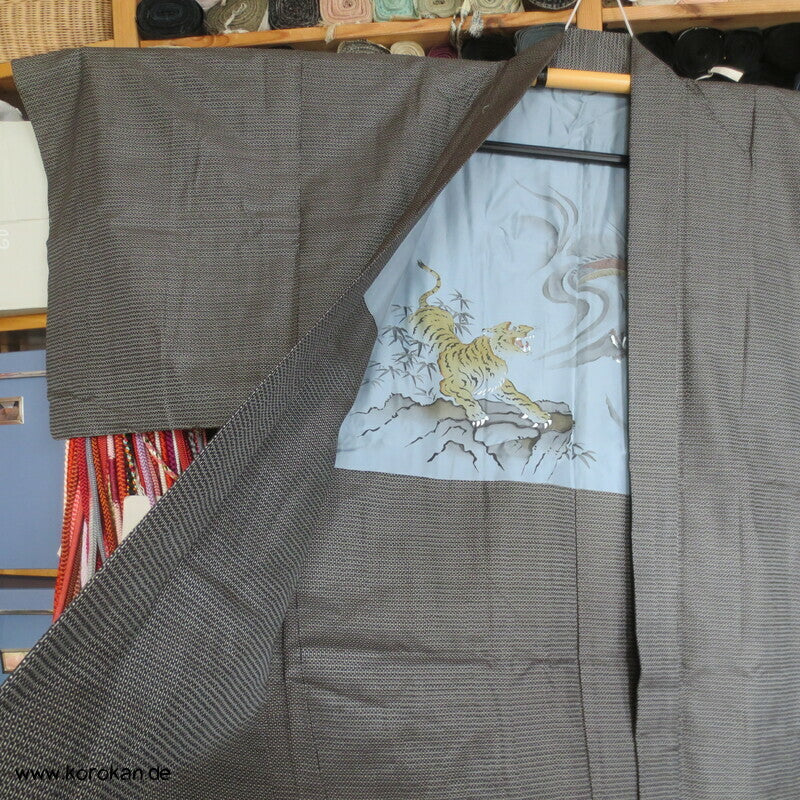 Tiger und Drachen Futter Tsumugi Kasuri Haori Männer Kimono Jacke