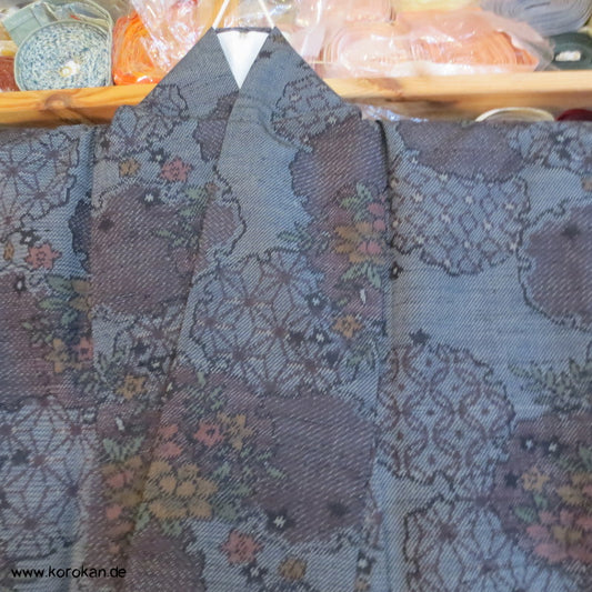 Schneeflocken, Blumen Kasuri Tsumugi Seiden Kimono