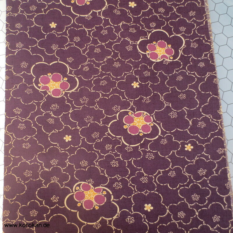 Ume Blüten aubergine Kimono Wolle / Seide Stoffrolle