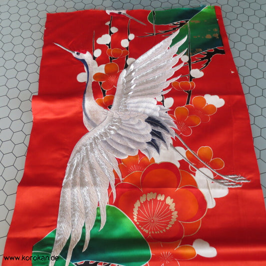 Kranich Panel Kimono Seiden Stickerei Stoffrest