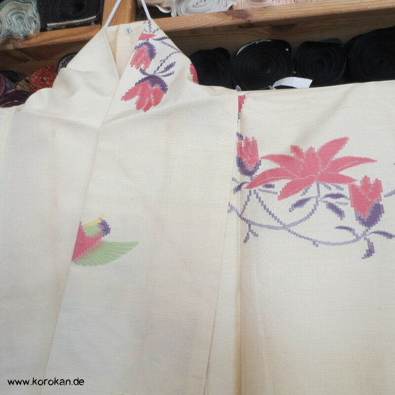 Vögel und Magnolien Jacquard Tsumugi Seiden Kimono
