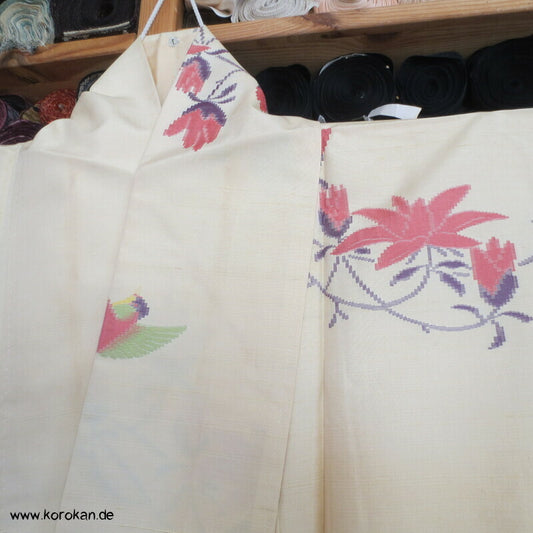 Vögel und Magnolien Jacquard Tsumugi Seiden Kimono
