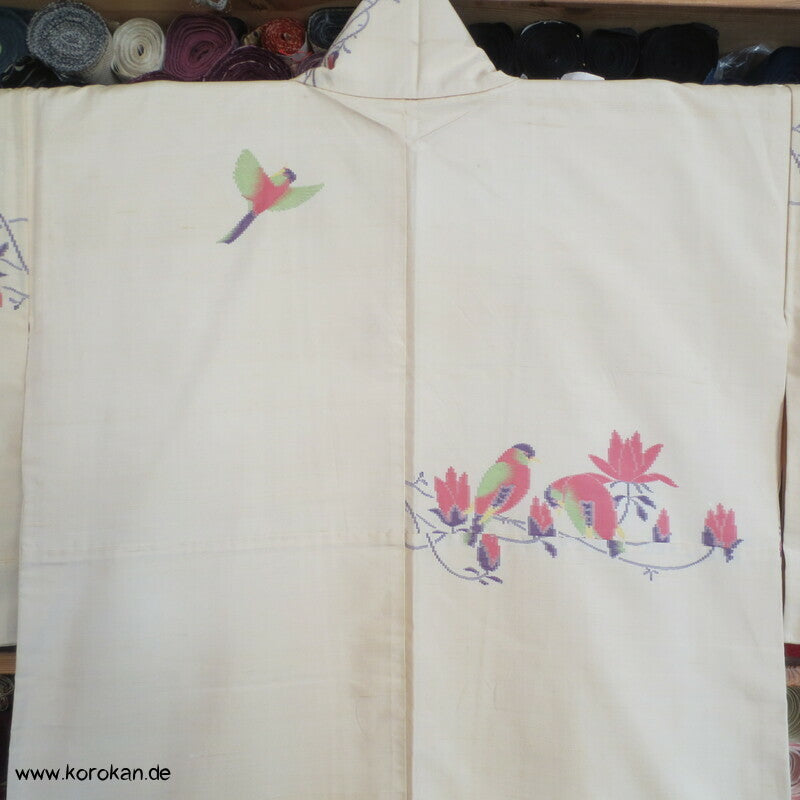 Vögel und Magnolien Jacquard Tsumugi Seiden Kimono