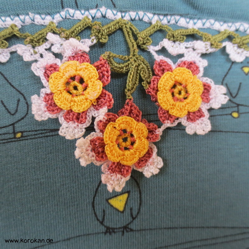 kleine Vögel auf petrol Baumwolljersey T Shirt Jacke, handgehäkelte Borte