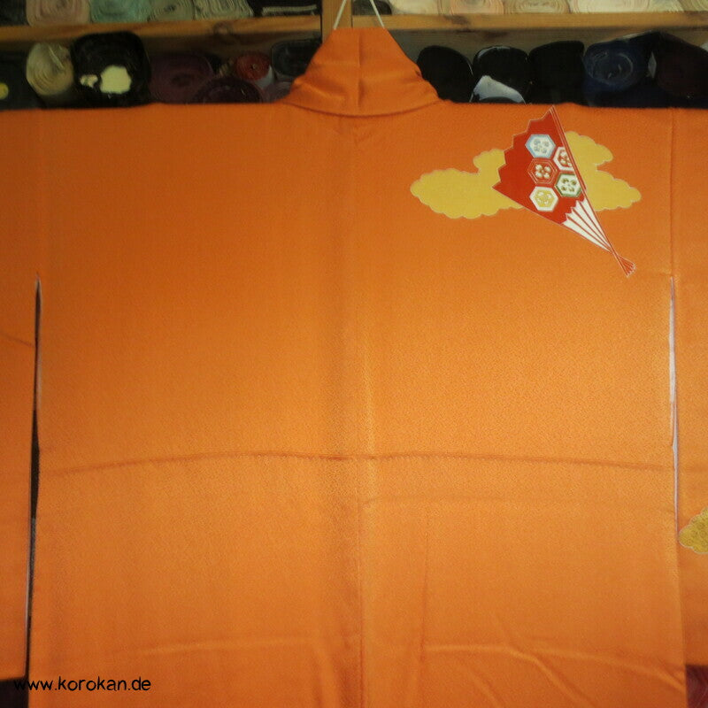 Fächer auf orange Seidendamast Homongi Kimono