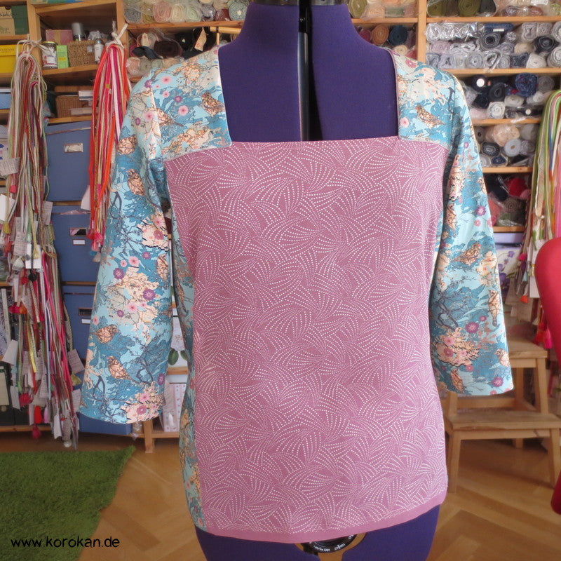 Seide Panel + Baumwoll Jersey3/4 Arm Shirt, Kombi aus Muster Kimono