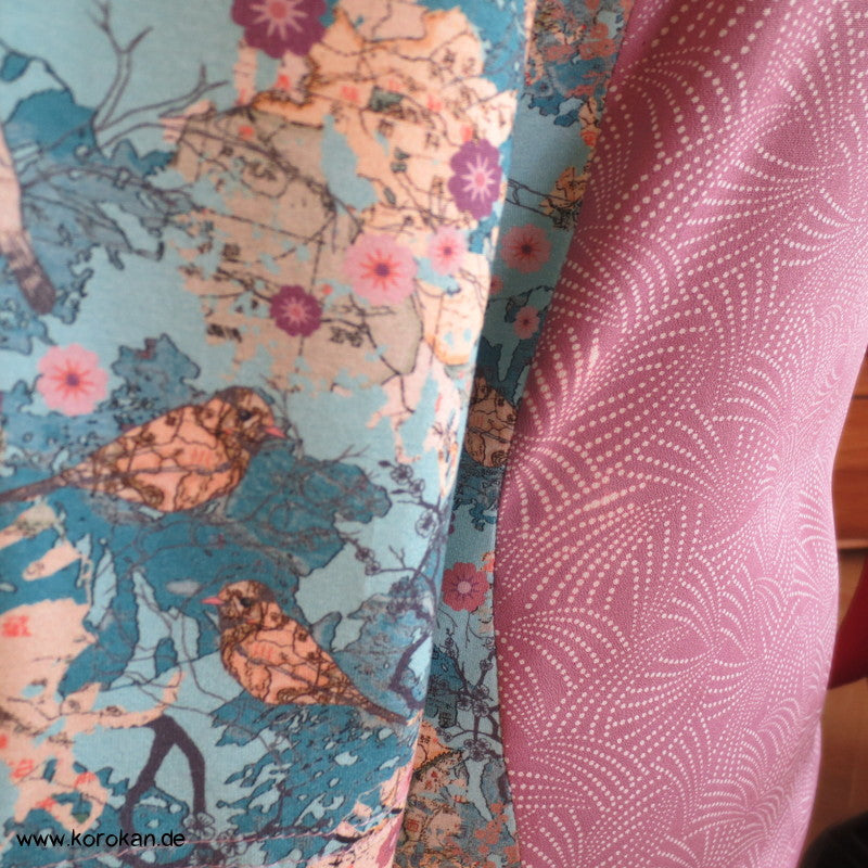 Seide Panel + Baumwoll Jersey3/4 Arm Shirt, Kombi aus Muster Kimono