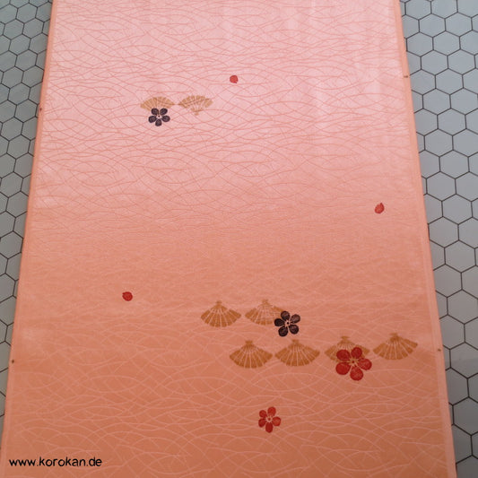 goldbeige Fächer auf lachs Kimono Seiden Rinzu Gräser Damast