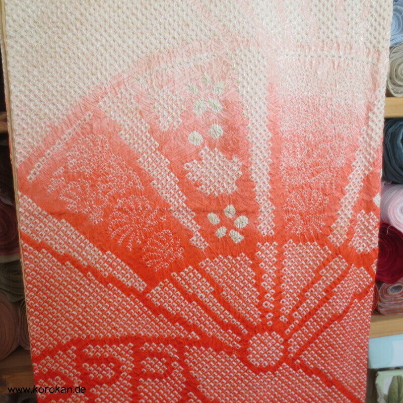allover Fächermuster mit Farbverlauf Full Shibori Seidendamast Furisode Kimono
