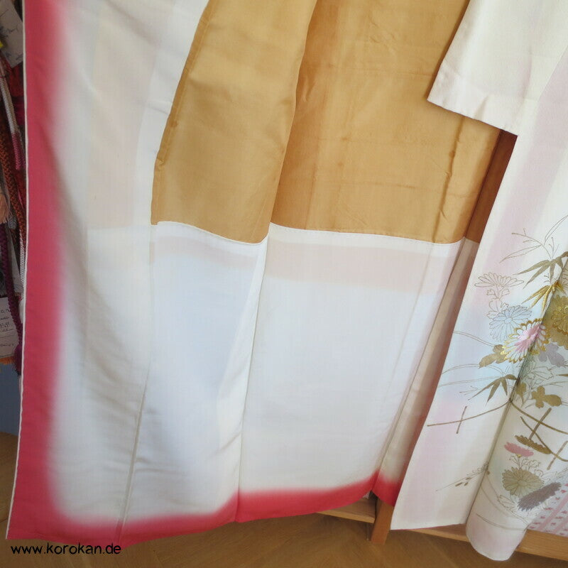 Homongi Kimono, Gold und Silber auf natur - bestickter Seidencrepe