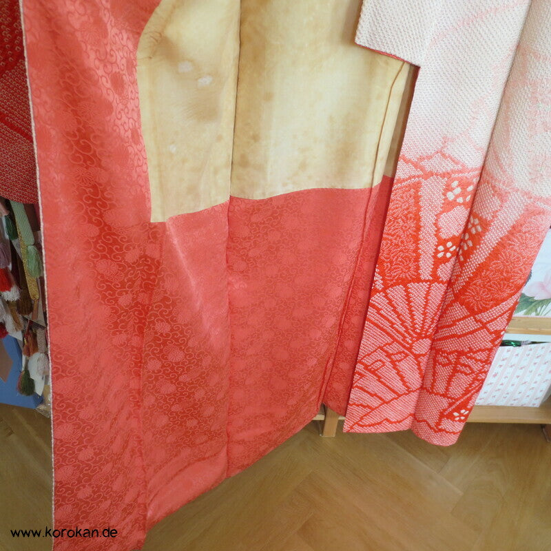 allover Fächermuster mit Farbverlauf Full Shibori Seidendamast Furisode Kimono