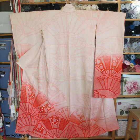 allover Fächermuster mit Farbverlauf Full Shibori Seidendamast Furisode Kimono