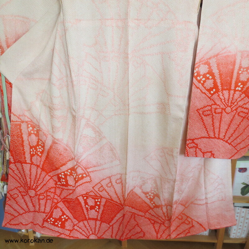 allover Fächermuster mit Farbverlauf Full Shibori Seidendamast Furisode Kimono