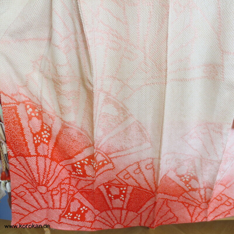 allover Fächermuster mit Farbverlauf Full Shibori Seidendamast Furisode Kimono