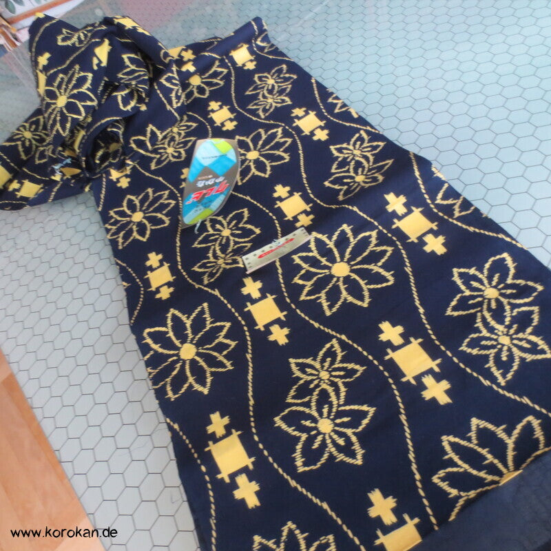 gelbes Tatewaku auf blau Yukata Kimono Baumwoll Stoff