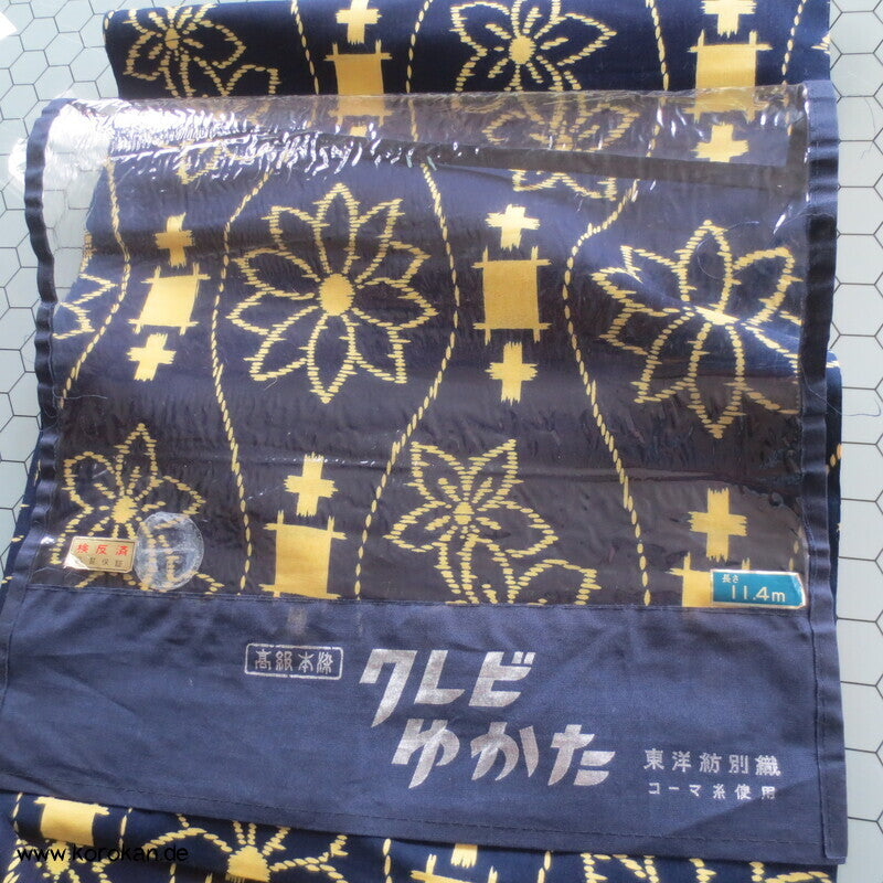gelbes Tatewaku auf blau Yukata Kimono Baumwoll Stoff