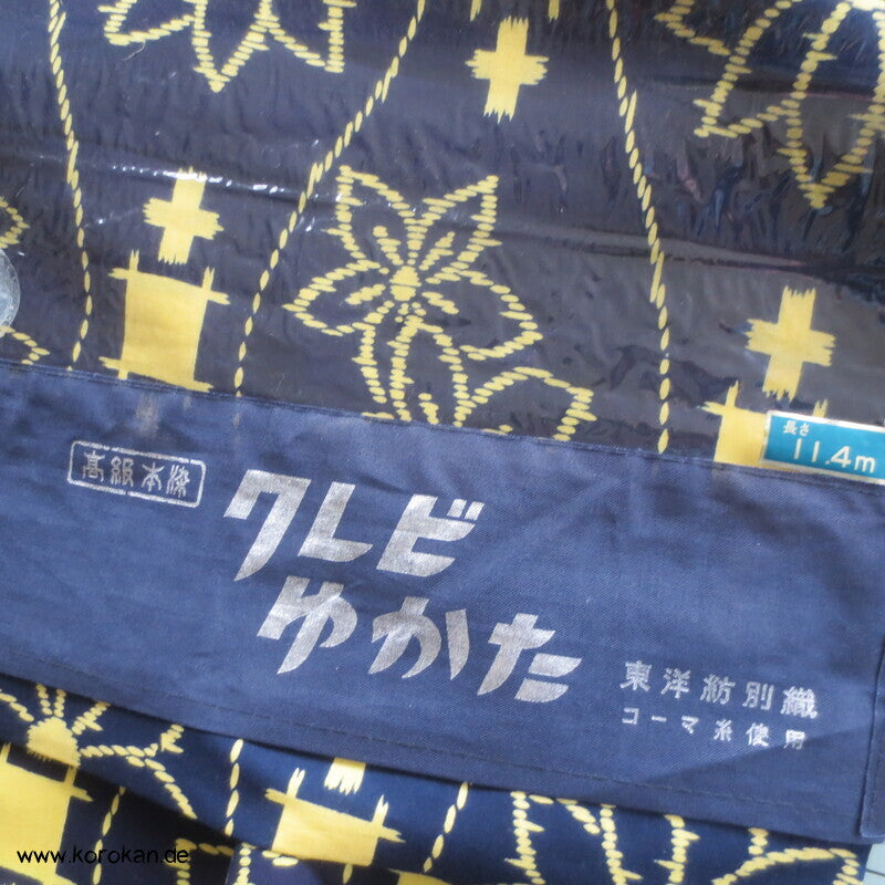 gelbes Tatewaku auf blau Yukata Kimono Baumwoll Stoff