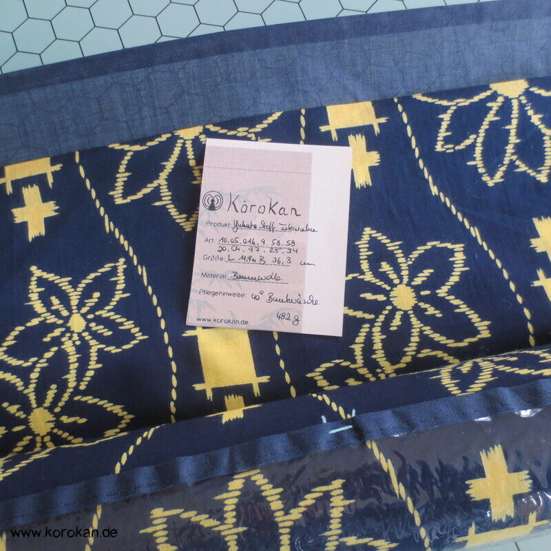 gelbes Tatewaku auf blau Yukata Kimono Baumwoll Stoff