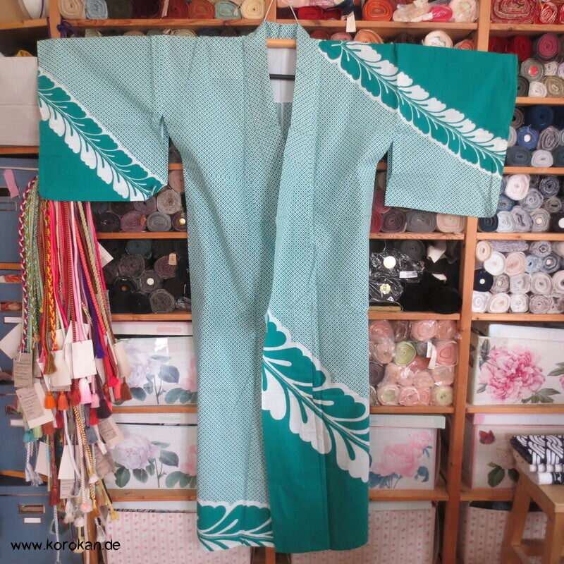 türkisgrüner Wisteria Homongi Yukata Baumwoll Kimono